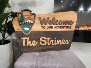 National Park Welcome Sign - family name sign, custom national park sign layered laser cut & engraved, national park wedding sign
