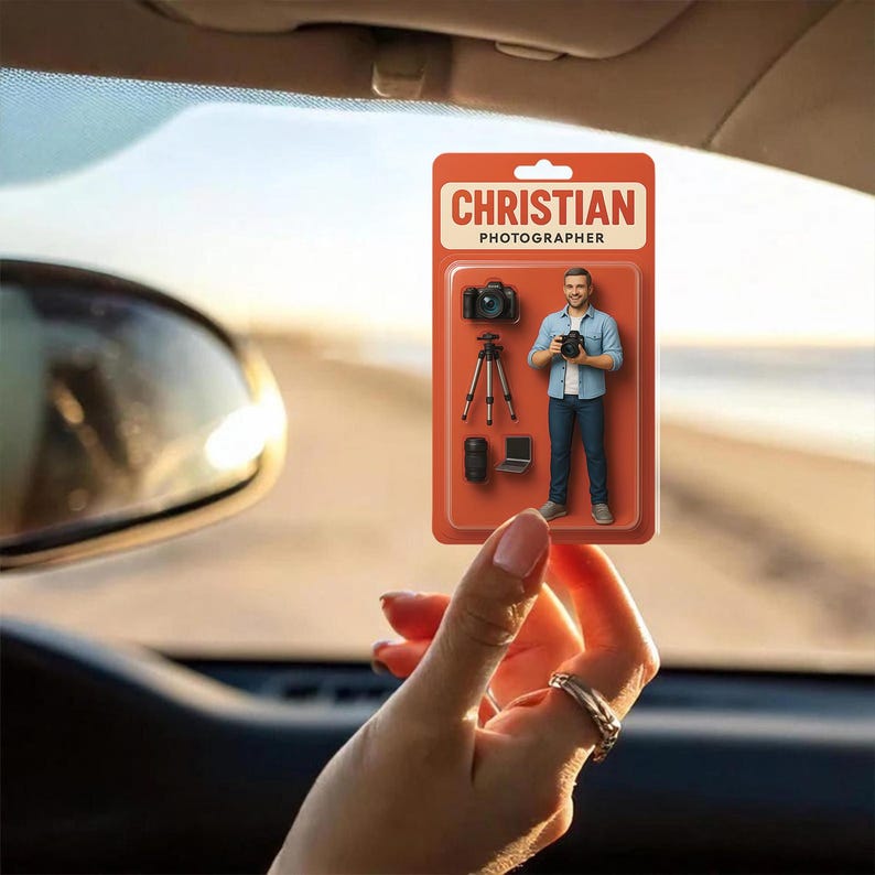 Personalized Photographer Keychain, Turn Your Photo Into An Action Figure, Custom Toy Box Figure, Unique Funny Collector Car Ornament Gift