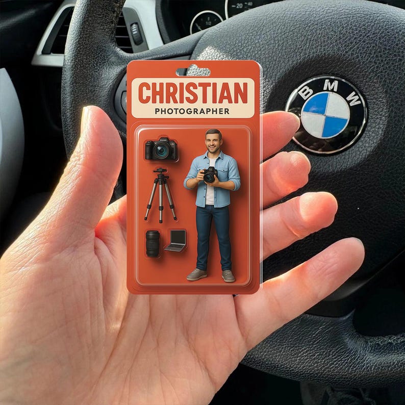 Personalized Photographer Keychain, Turn Your Photo Into An Action Figure, Custom Toy Box Figure, Unique Funny Collector Car Ornament Gift