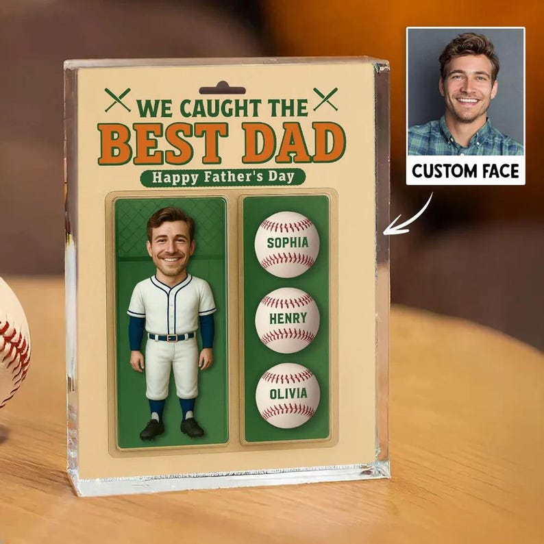 Personalized Baseball Dad Gift, We Caught The Best Dad 3D Acrylic Block, Custom Sports Figurine Plaque for Father's Day, Gift for Him