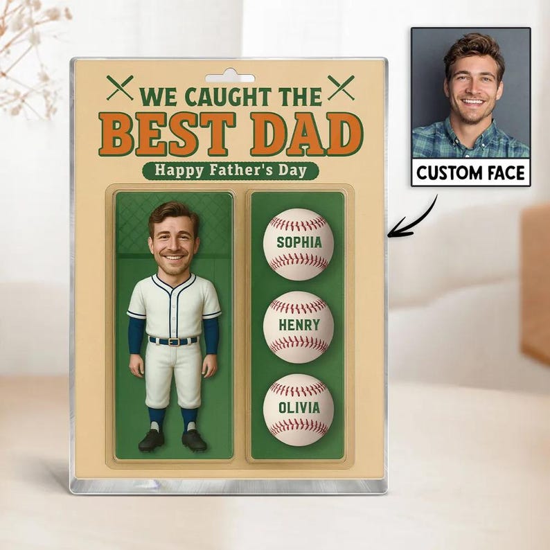 Personalized Baseball Dad Gift, We Caught The Best Dad 3D Acrylic Block, Custom Sports Figurine Plaque for Father's Day, Gift for Him