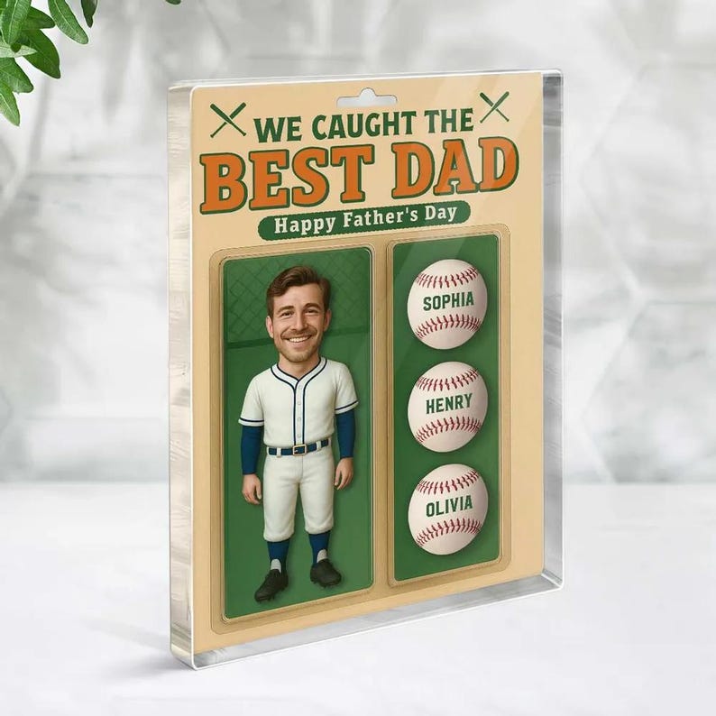 Personalized Baseball Dad Gift, We Caught The Best Dad 3D Acrylic Block, Custom Sports Figurine Plaque for Father's Day, Gift for Him
