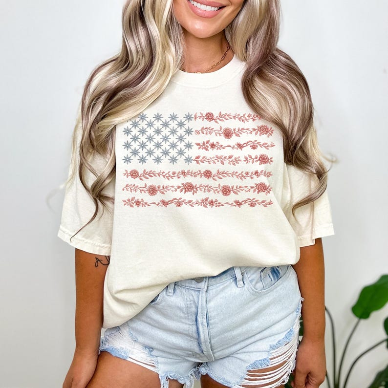 Chinoiserie American Flag Sweatshirt, 4th of July Shirt, Toile De Jouy American Flag T-Shirt, Patriotic Floral Shirt, Girly Fourth July Shirt