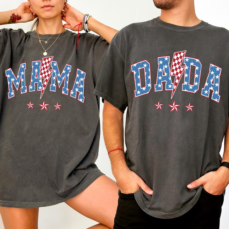 4th of July Mama Dada Shirt Set, Matching USA Flag Lightning Bolt Tees, Patriotic Family Outfits for Independence Day 2025