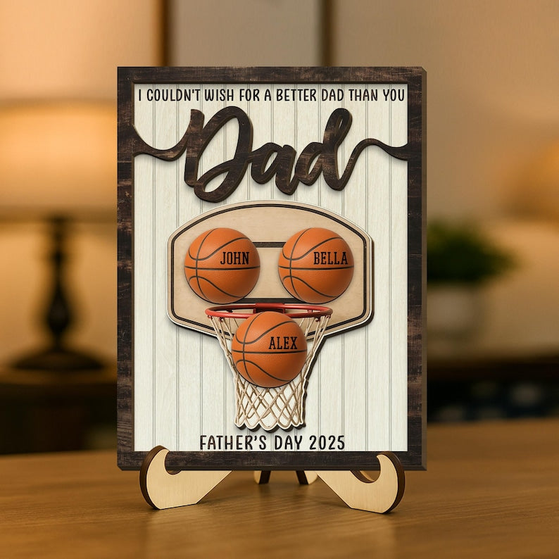 Personalized We Caught The Best Dad 2-Layered Wooden Plaque With Stand, Custom Kid's Name Basketball Sign, Father's Day Gifts, Gifts for Dad