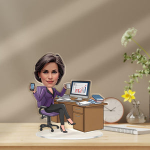 Custom Boss Lady Figurine Trinket Caricature Portrait Desk Name Plate Personalized Acrylic Gift for Female Manager, CEO, Business Woman