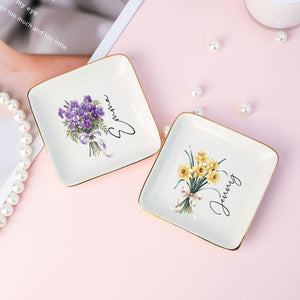 Personalised Birth Flower Trinket Dish,Custom Name Ring Dish,Wedding Bridesmaid Gift,Birthday Jewelry Dish for Her,Christmas Gifts for Mom