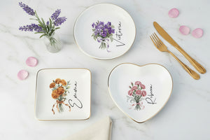 Personalised Birth Flower Trinket Dish,Custom Name Ring Dish,Wedding Bridesmaid Gift,Birthday Jewelry Dish for Her,Christmas Gifts for Mom