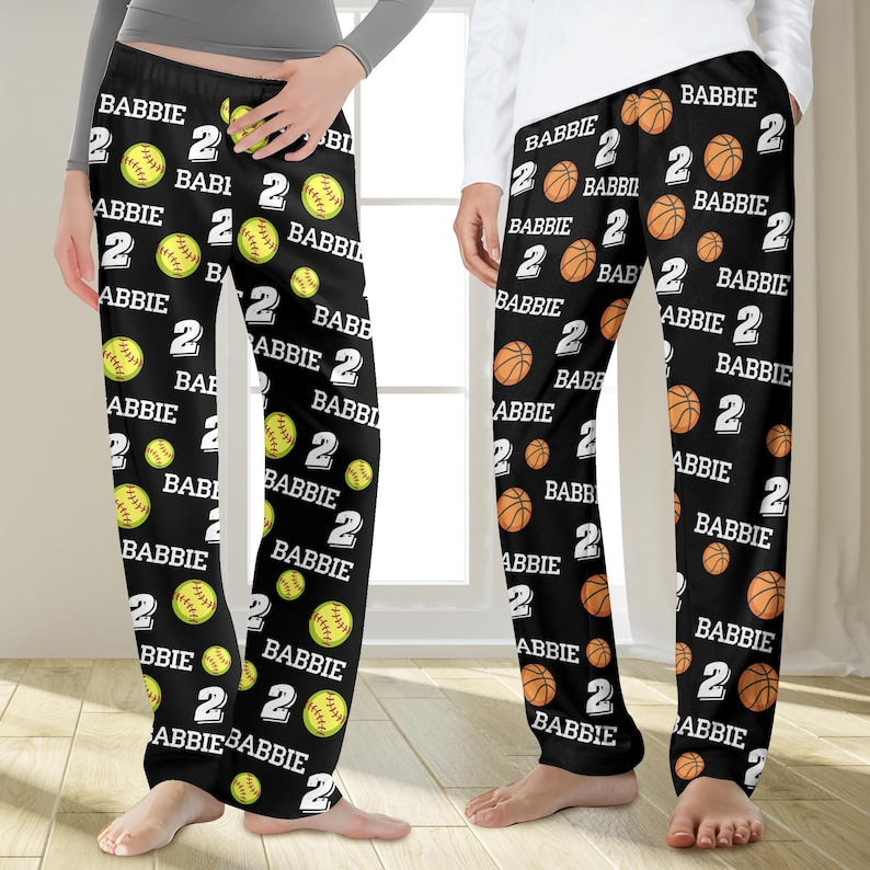 Custom Softball Pajama Pants with Name, Personalized Sport pajama Pants for Family, Team gift for softball player, Baseball/Volleyball Pants