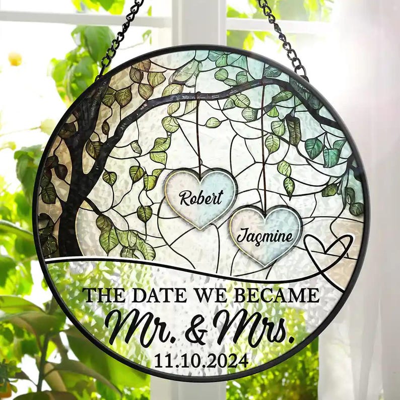 Personalized God Gave Me You Couple The Date We Became Mr. & Mrs. Stained Glass Window Hanging Suncatcher, Couple Wedding Anniversary Gift