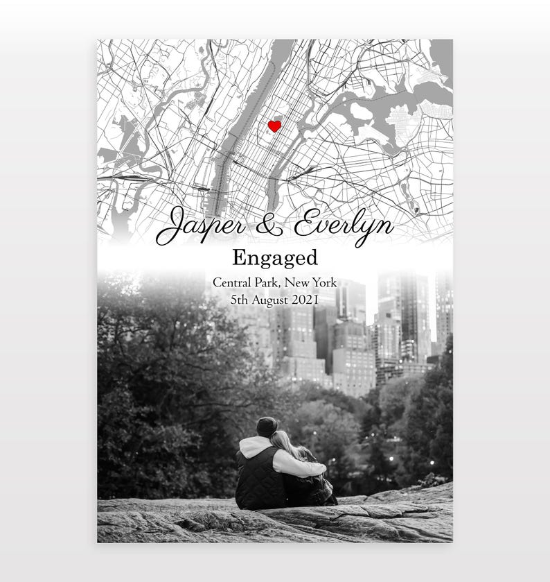 Engagement Photo and Map print | Custom Engaged Photo and Map Print | Personalised Engagement Gift