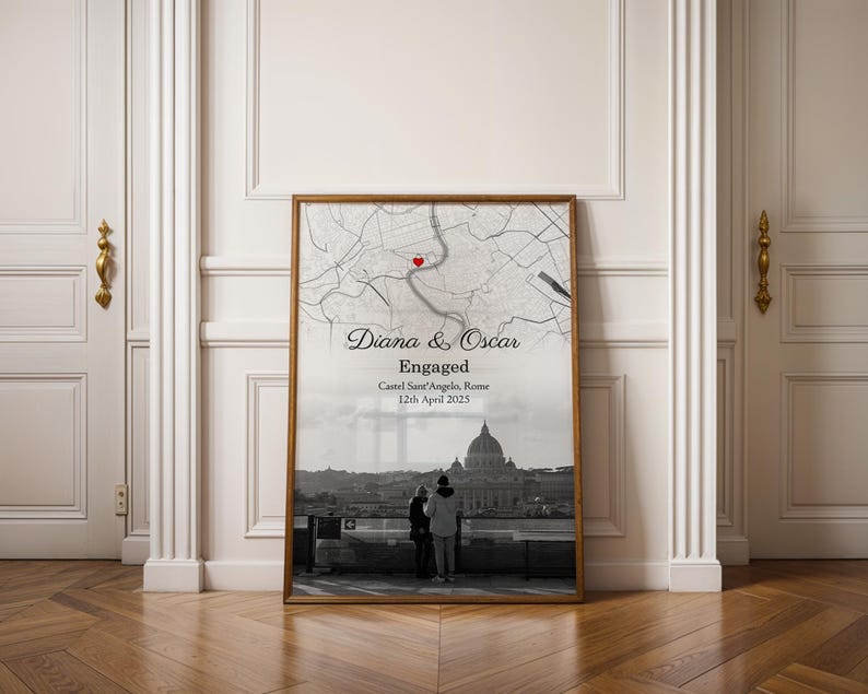 Engagement Photo and Map print | Custom Engaged Photo and Map Print | Personalised Engagement Gift