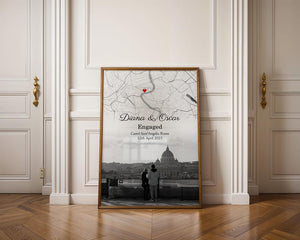 Engagement Photo and Map print | Custom Engaged Photo and Map Print | Personalised Engagement Gift