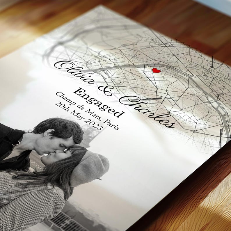 Engagement Photo and Map print | Custom Engaged Photo and Map Print | Personalised Engagement Gift