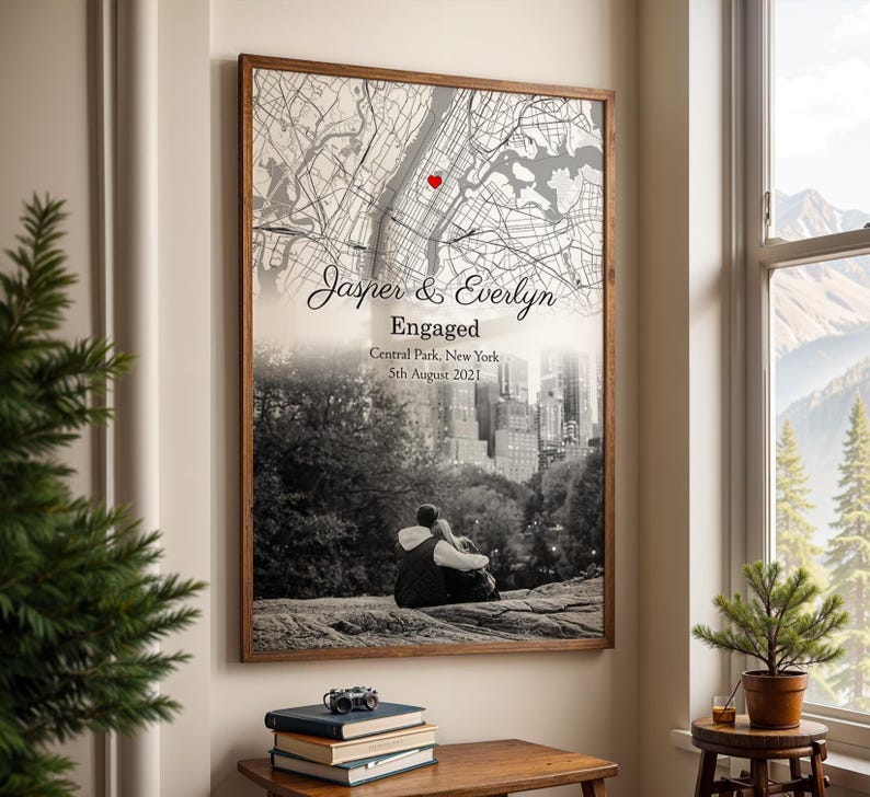 Engagement Photo and Map print | Custom Engaged Photo and Map Print | Personalised Engagement Gift