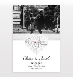 Engagement Photo and Map Print | Custom Engaged Photo and Map Print | Personalised Engagement Print (No Frame)