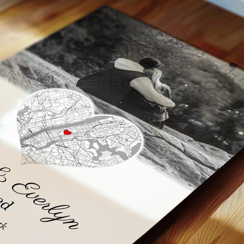 Engagement Photo and Map Print | Custom Engaged Photo and Map Print | Personalised Engagement Print (No Frame)