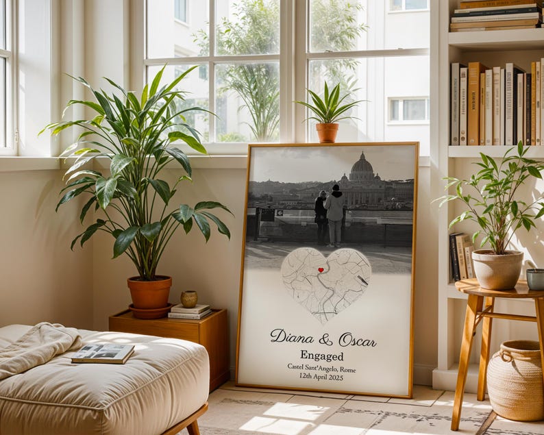 Engagement Photo and Map Print | Custom Engaged Photo and Map Print | Personalised Engagement Print (No Frame)