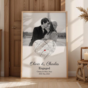 Engagement Photo and Map Print | Custom Engaged Photo and Map Print | Personalised Engagement Print (No Frame)