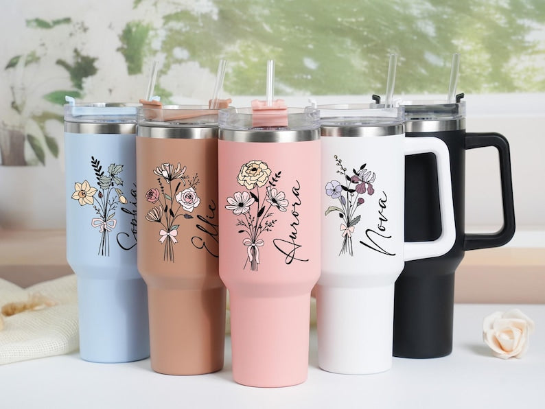 Personalized Birth Flower Tumbler: Stainless Steel with Straw