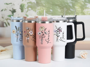 Personalized Birth Flower Tumbler: Stainless Steel with Straw