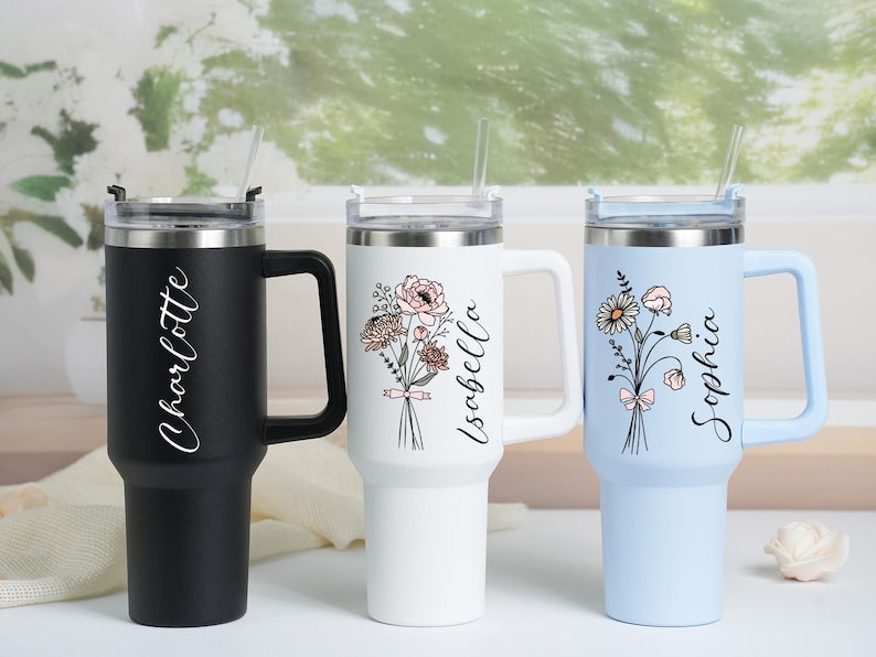 Personalized Birth Flower Tumbler: Stainless Steel with Straw