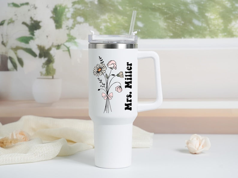 Personalized Birth Flower Tumbler: Stainless Steel with Straw