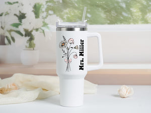 Personalized Birth Flower Tumbler: Stainless Steel with Straw
