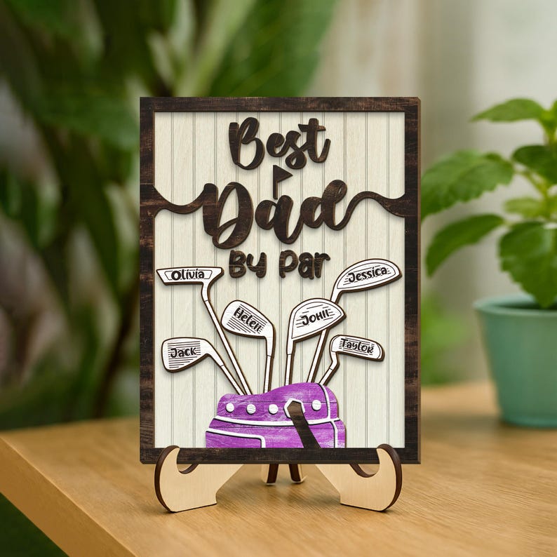 Personalized Best Dad By Par 2-Layered Wooden Plaque With Stand, Custom Kid's Name, Fathers Day Gift For Golfer, Gift for Dad, Golf Dad Gift
