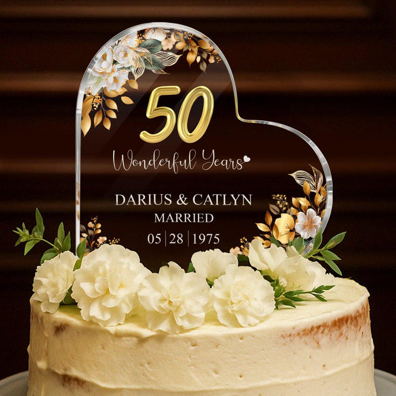 Personalized 50th Wedding Anniversary Cake Topper Heart Acrylic Plaque, Golden Anniversary Gifts, Gift For Parents, 50th Anniversary