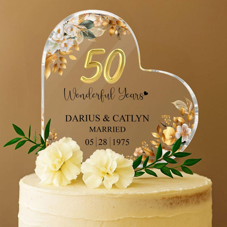 Personalized 50th Wedding Anniversary Cake Topper Heart Acrylic Plaque, Golden Anniversary Gifts, Gift For Parents, 50th Anniversary