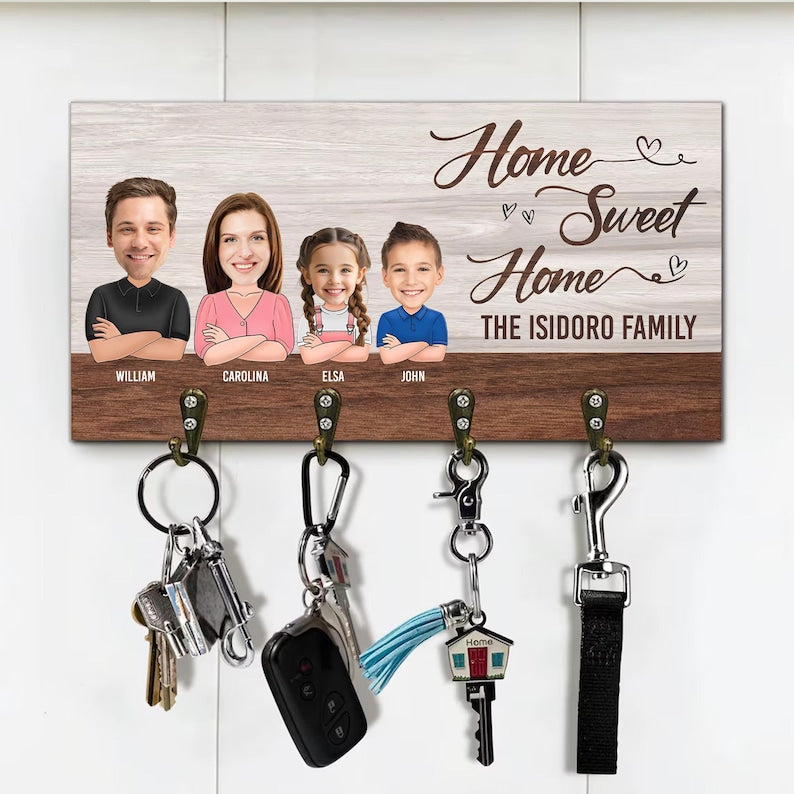 Home Sweet Home Key Holder for Wall, Custom Key Rack, Personalized Gifts for Couples, Family Name Sign, Rustic Welcome Sign, Key Hooks