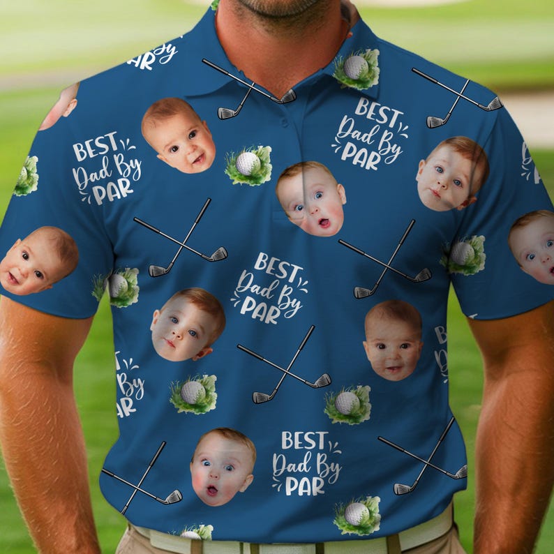 Best Dad By Par Polo Shirt With Custom Kid Face Photo Portrait, Father's Day Gift, Custom Golf Lovers Short Sleeve Shirt, Dad Birthday Gifts