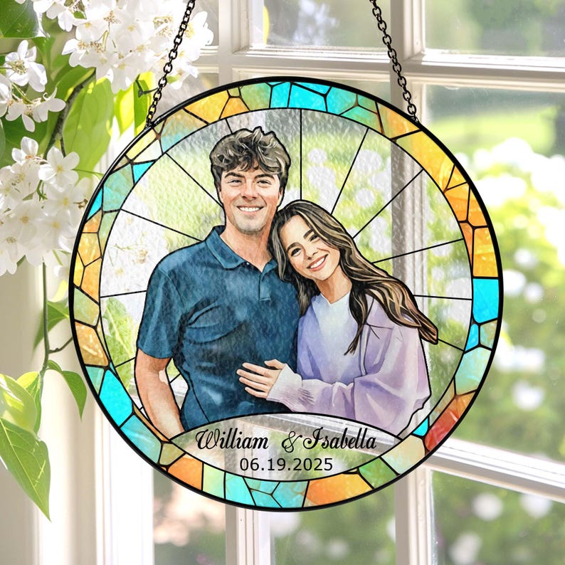 Stained Glass Custom Photo Suncatcher Couple Gift, Wedding Anniversary, Couple Potrait Window Decor Gift For Husband Wife, Grandparents Gift