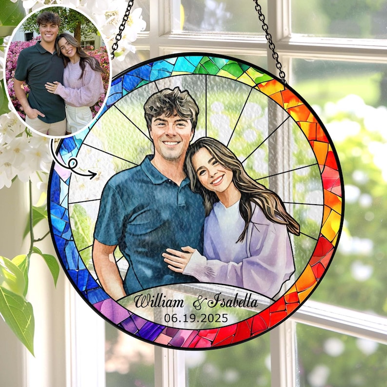 Stained Glass Custom Photo Suncatcher Couple Gift, Wedding Anniversary, Couple Potrait Window Decor Gift For Husband Wife, Grandparents Gift