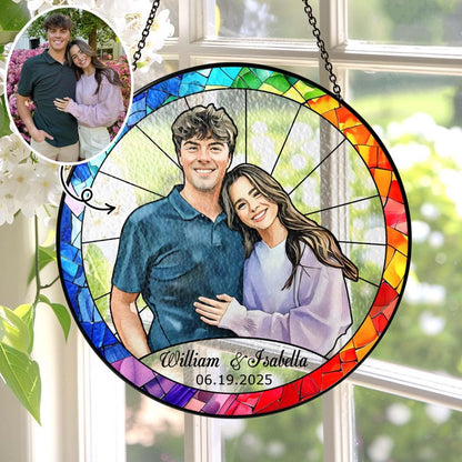 Stained Glass Custom Photo Suncatcher Couple Gift, Wedding Anniversary, Couple Potrait Window Decor Gift For Husband Wife, Grandparents Gift