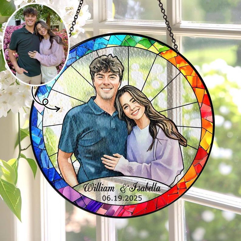 Stained Glass Custom Photo Suncatcher Couple Gift, Wedding Anniversary, Couple Potrait Window Decor Gift For Husband Wife, Grandparents Gift