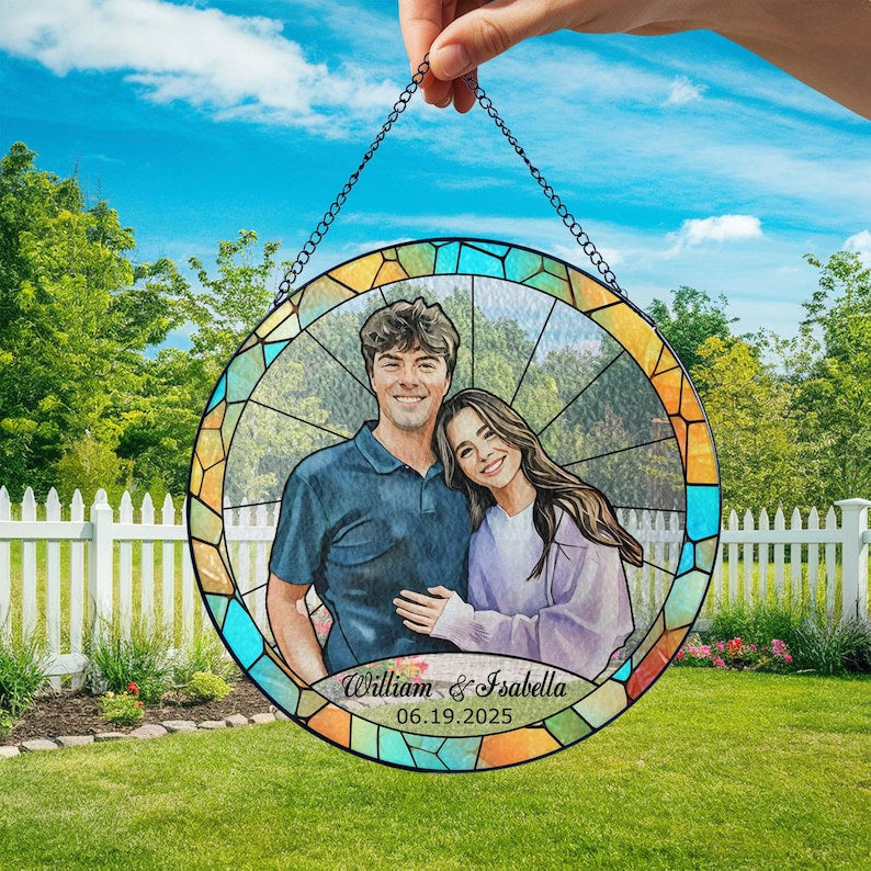 Stained Glass Custom Photo Suncatcher Couple Gift, Wedding Anniversary, Couple Potrait Window Decor Gift For Husband Wife, Grandparents Gift