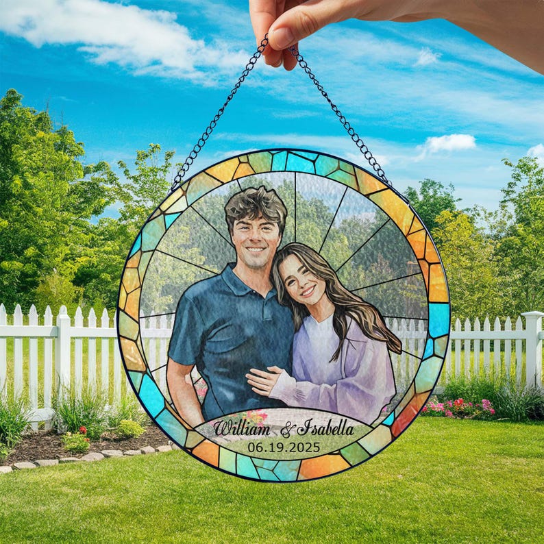 Stained Glass Custom Photo Suncatcher Couple Gift, Wedding Anniversary, Couple Potrait Window Decor Gift For Husband Wife, Grandparents Gift