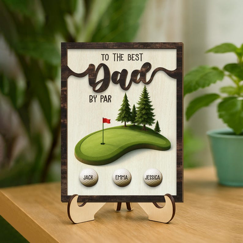 Personalized Best Dad By Par 2-Layered Wooden Plaque With Stand, Custom Kid's Name, Fathers Day Gift For Golfer, Gift for Dad, Golf Dad Gift