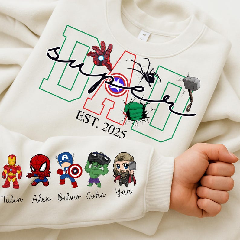 Custom Hero Dad Shirt, Dad Est with Kid Name on Sleeve, Personalized Dad Sweatshirt, Father's Day Shirt,Custom Fathers Day Gift,New Dad Shirt