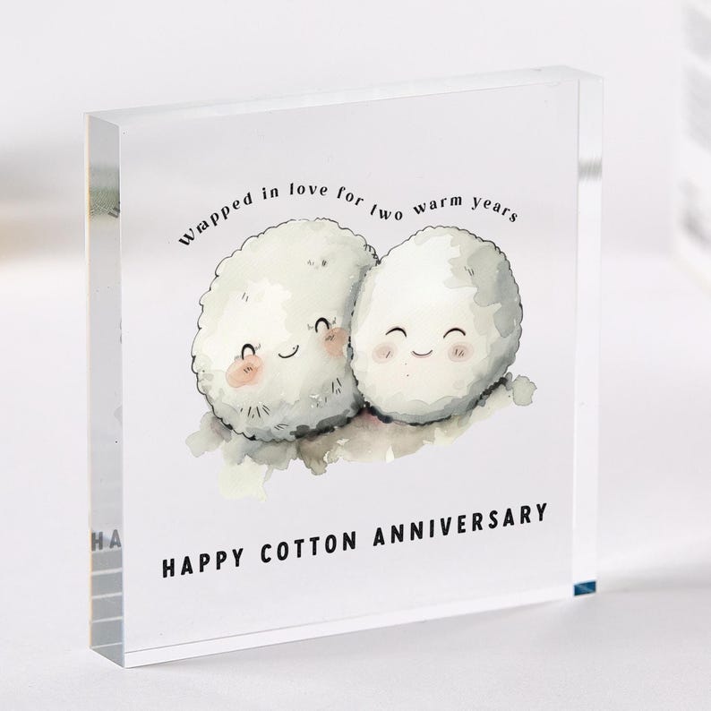 Cotton Anniversary Acrylic Plaque Cute 2nd Year Keepsake Gift for Wife Husband Partner Girlfriend or Boyfriend Second Wedding Anniversary