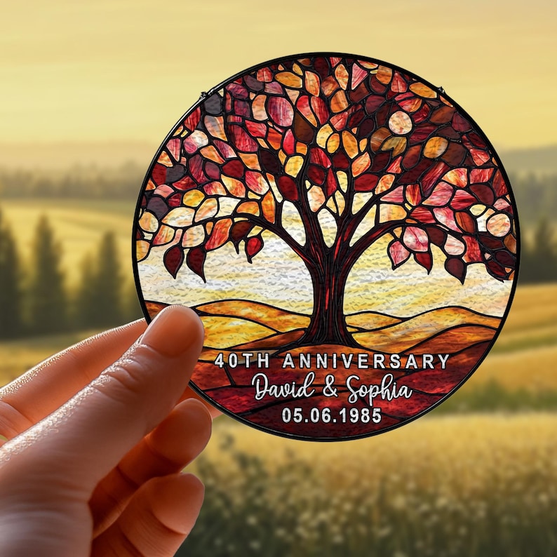 Personalized 40th Wedding Anniversary Stained Glass Suncatcher, Ruby 40th Wedding Anniversary Gift, 40th Wedding Anniversary Keepsake