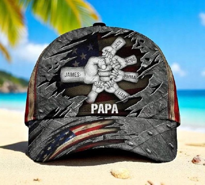 Fist Bump Daddy Grandpa, Personalized America Classic Cap, Dad And Kid Name Cap, Father's Day Gift for Grandpa, for Dad, Hat For Husband