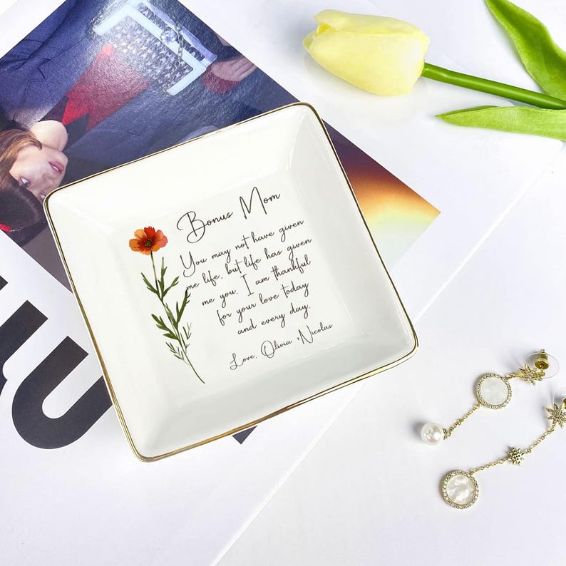 Personalized Ring Dish For Bonus Mom Gift For Step Mom From Daughter Custom Flower Trinket Tray Wedding Keepsake Mothers Day Gift