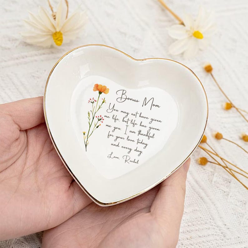Personalized Ring Dish For Bonus Mom Gift For Step Mom From Daughter Custom Flower Trinket Tray Wedding Keepsake Mothers Day Gift