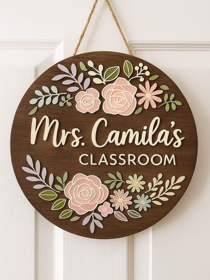 Teacher Door Sign, Teacher 3D Door Hanger, Teacher Appreciation Gifts, Custom Teacher Name Sign, Welcome Classroom Sign, Floral Wooden Sign