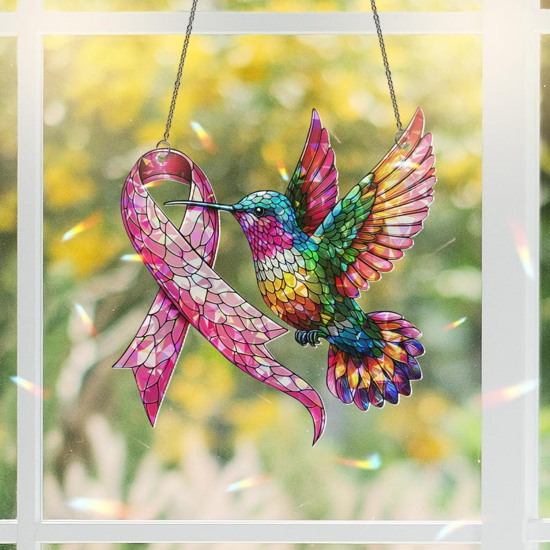 Hummingbird Suncatcher: Pink Ribbon Holographic Acrylic Window Decor