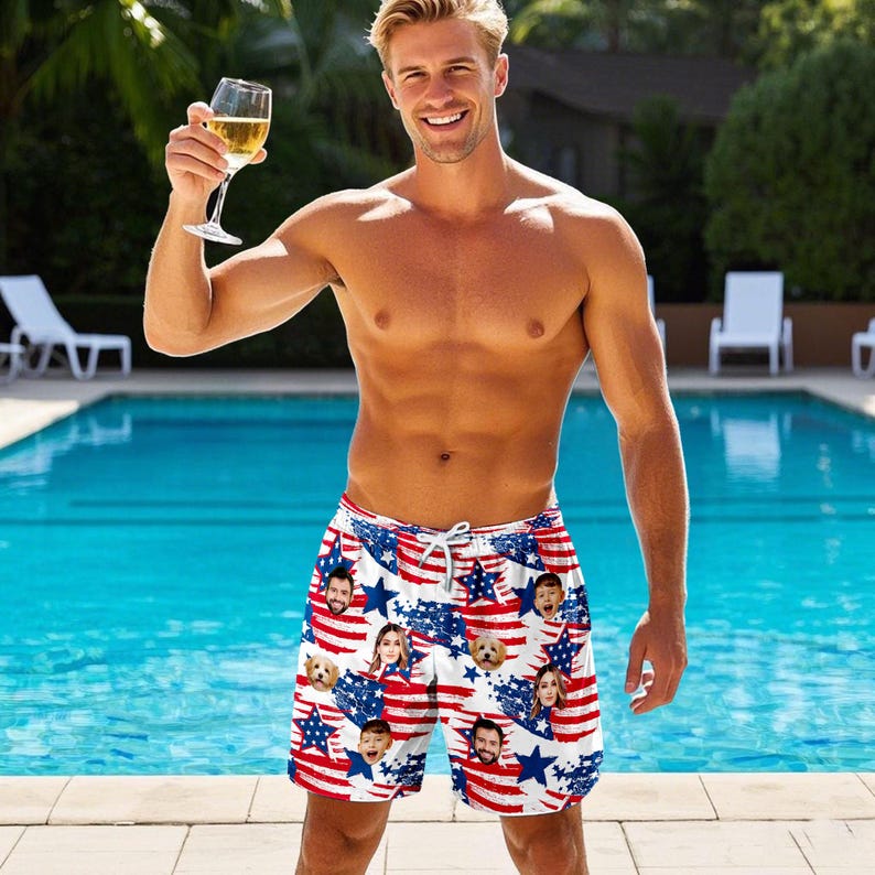 Custom American Flag Swim Trunk, Personalized Beach Shorts for Bachelor Party, Custom Face Swim Trunk,Photo Swimwear,Bachelor Party,Vacation