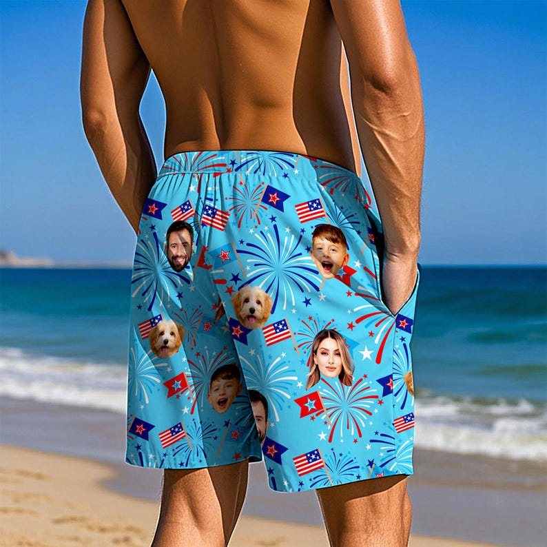 Custom American Flag Swim Trunk, Personalized Beach Shorts for Bachelor Party, Custom Face Swim Trunk,Photo Swimwear,Bachelor Party,Vacation